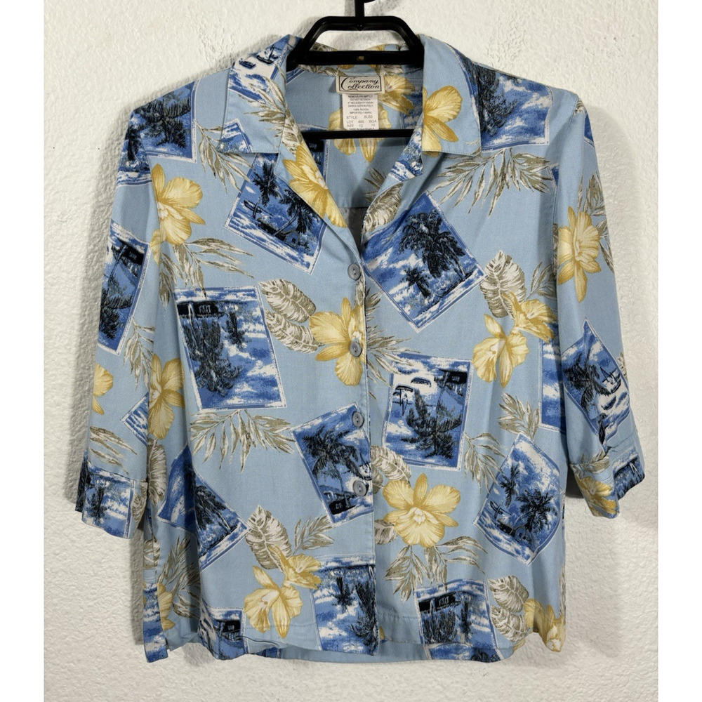 Vintage Company Collection Hawaiian Shirt‎ Size 12 Blue Floral Rayon Button Up